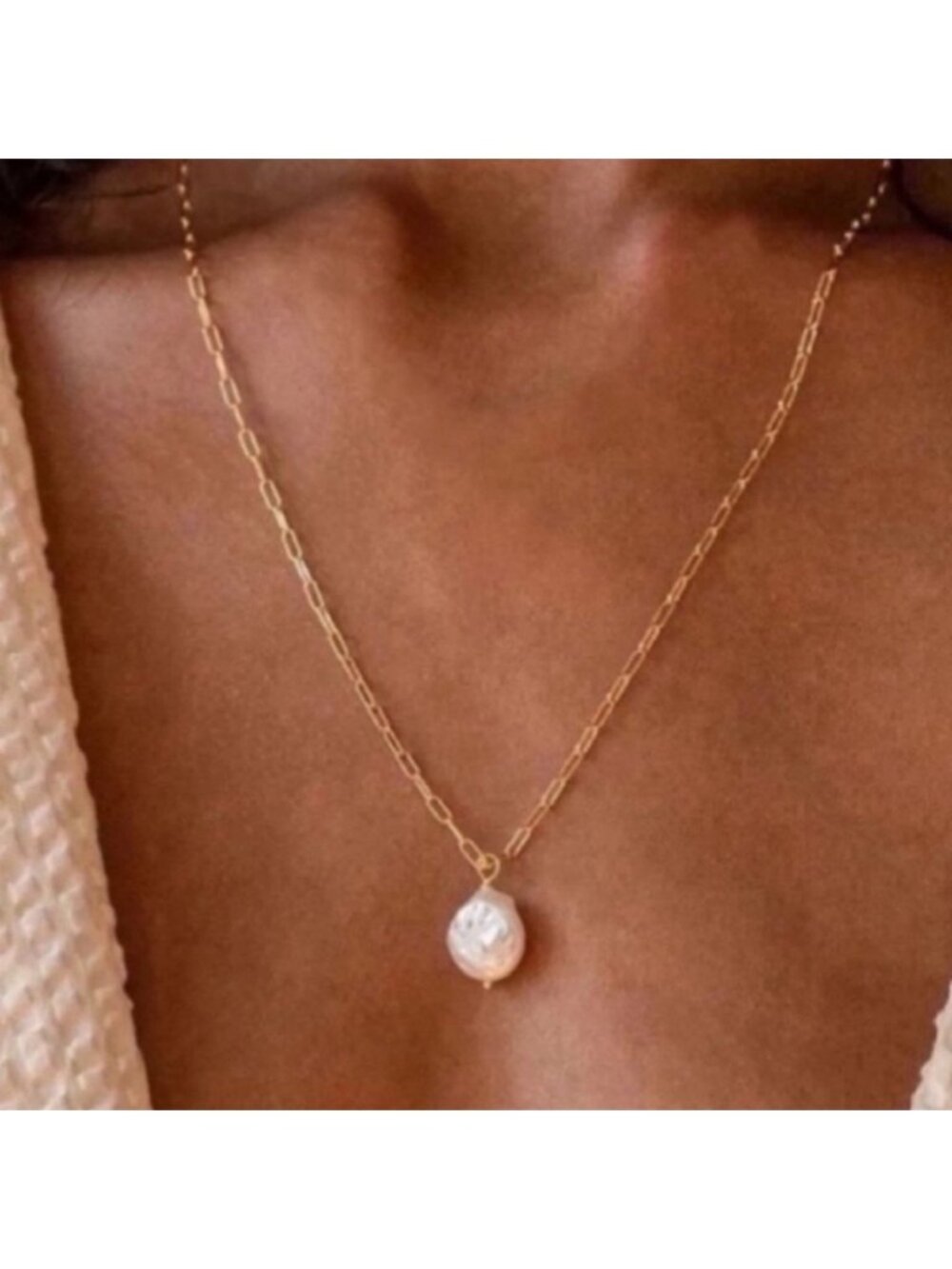 New! Pearl Pendant Gold Paperclip Chain Necklace (1072) NWOT